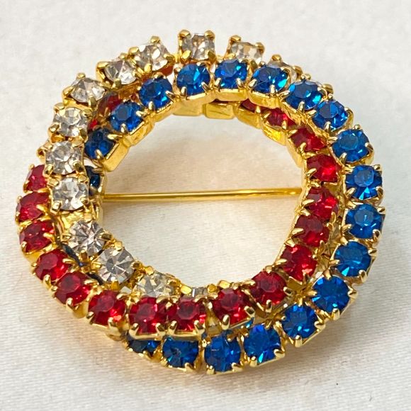 Spiral Circle Brooch Red White Blue Rhinestone Strands On Gold Tone Metal - Picture 3 of 8